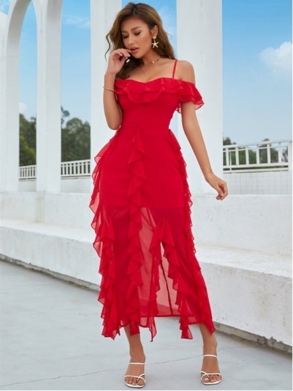 Eilly Bazar Ruched Off-Shoulder Red High-Low Ruffle Dress size small - Picture 2 of 13
